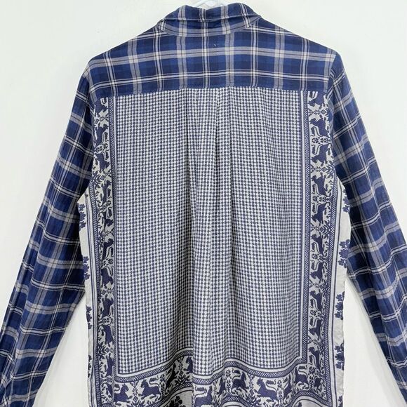 Johnny Was LANA Blue Gray Plaid Gingham Medallion Scarf Back Button Up Shirt - Picture 11 of 16